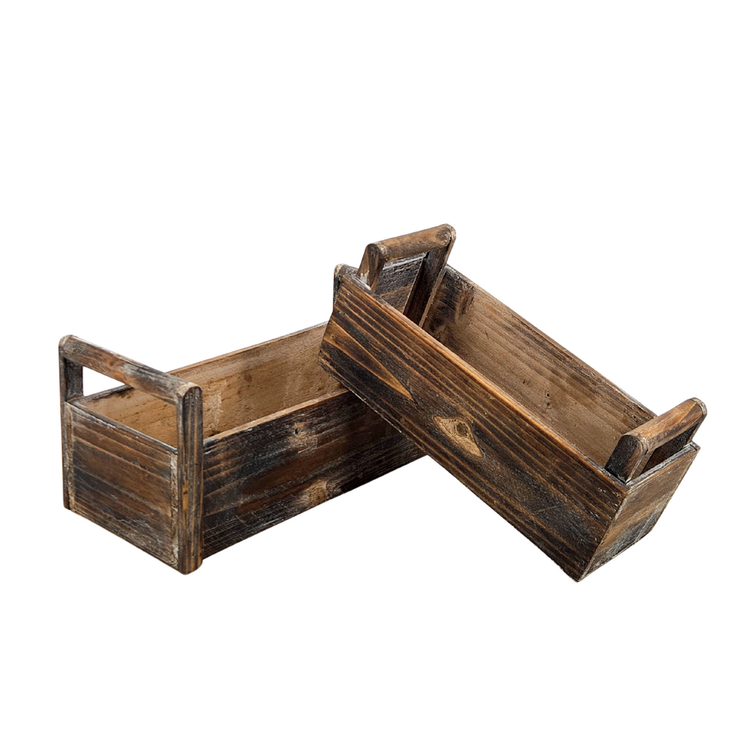 Rustic Dark Brown Rectangular Wood Planters - Set of 2, 13.75" & 11.75" with Handles