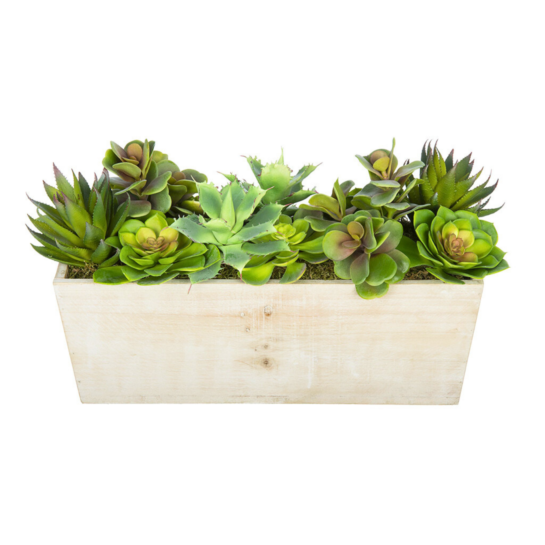 Rectangular wooden planter with artificial succulents on a white background