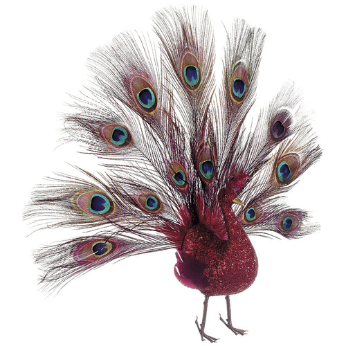 Decorative Glittered Red 16" Open-Tail Peacock - House of Silk Flowers®
