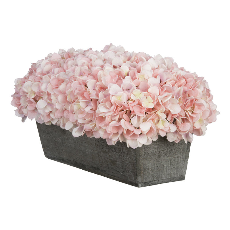 Artificial Pink Hydrangea in Grey-Washed Wood Ledge