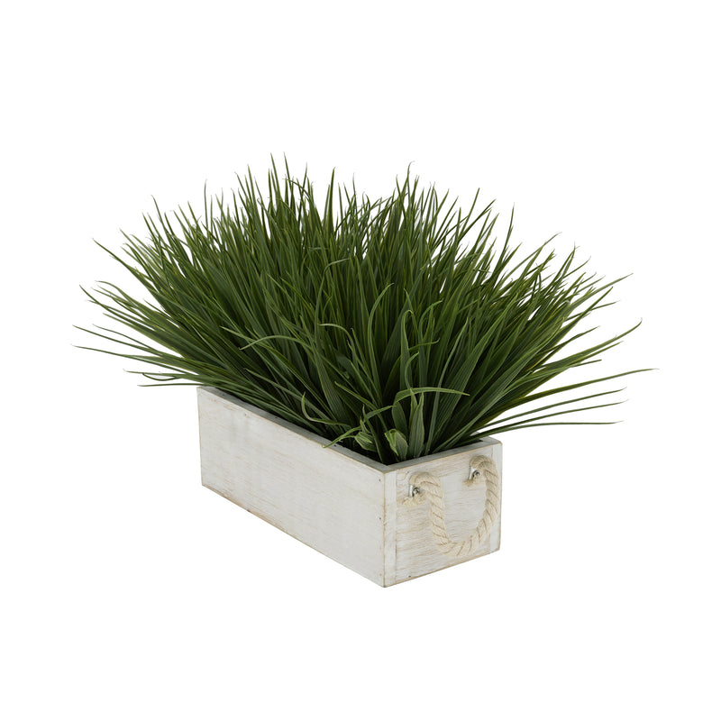 Artificial Green Farm Grass in 9" White-Washed Wood Trough with Rope Handles
