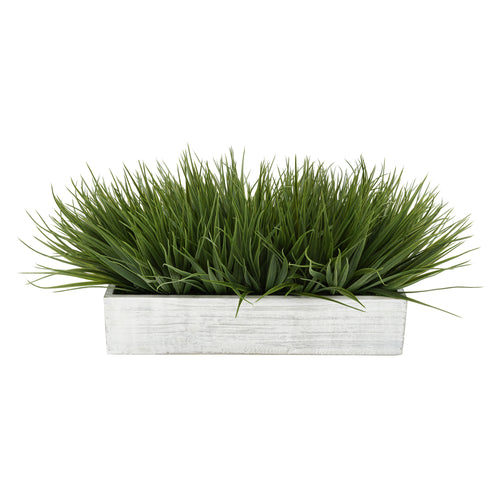 Artificial Green Farm Grass in 15" Grey Washed Wood Trough