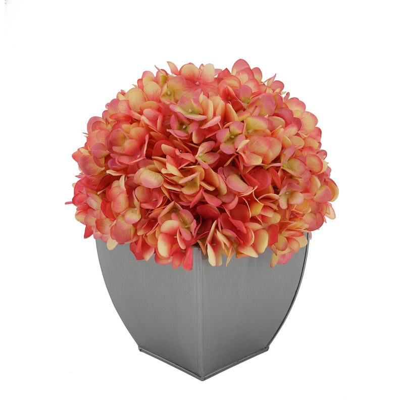 Artificial Hydrangea in Silver Tapered Zinc Cube coral