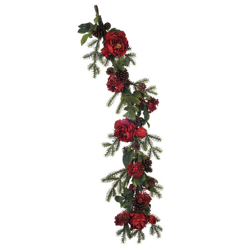48" Red Peony/Hydrangea/Berry/Pine Garland - House of Silk Flowers®
