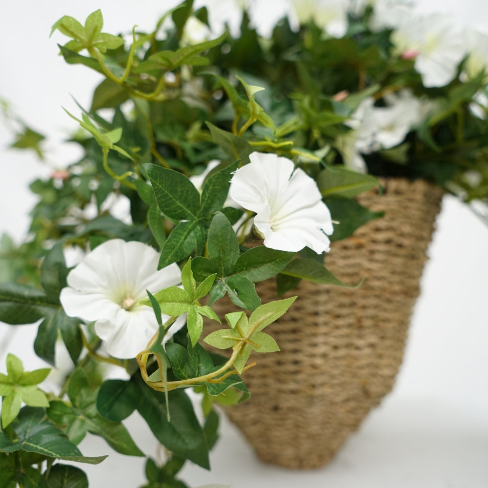 Faux Morning Glory White in Seagrass Hanging Basket