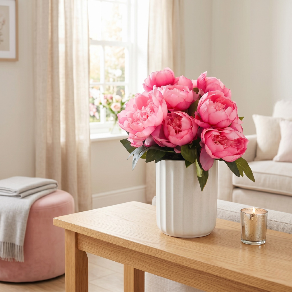 18" Faux Pink Peonies in Ceramic Cylinder Vessel