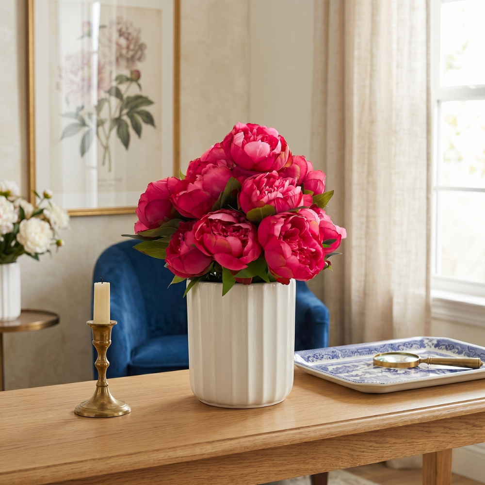 Faux Pink Peonies in Ceramic Cylinder Vessel