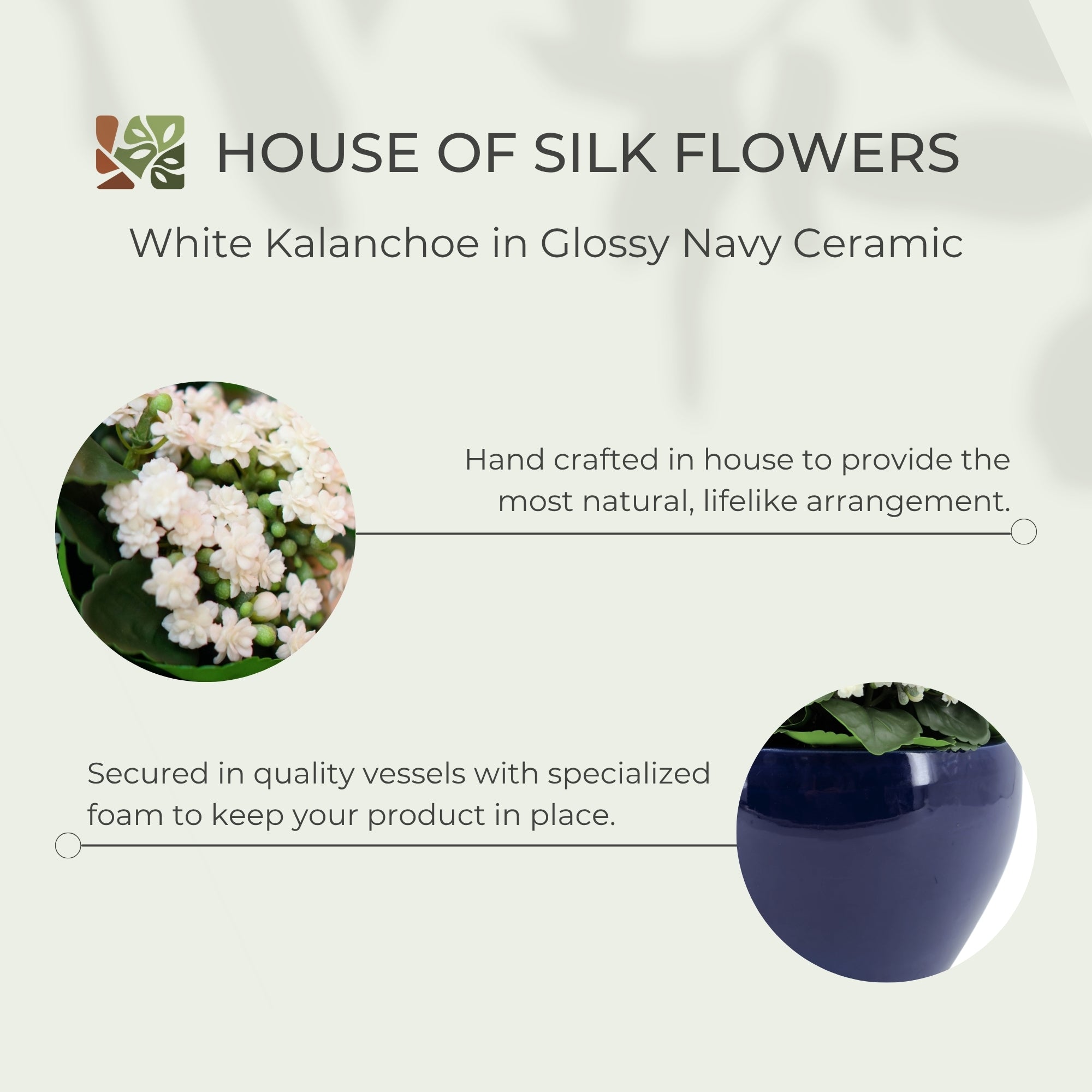 13" Faux White Kalanchoe in Glossy Navy Ceramic