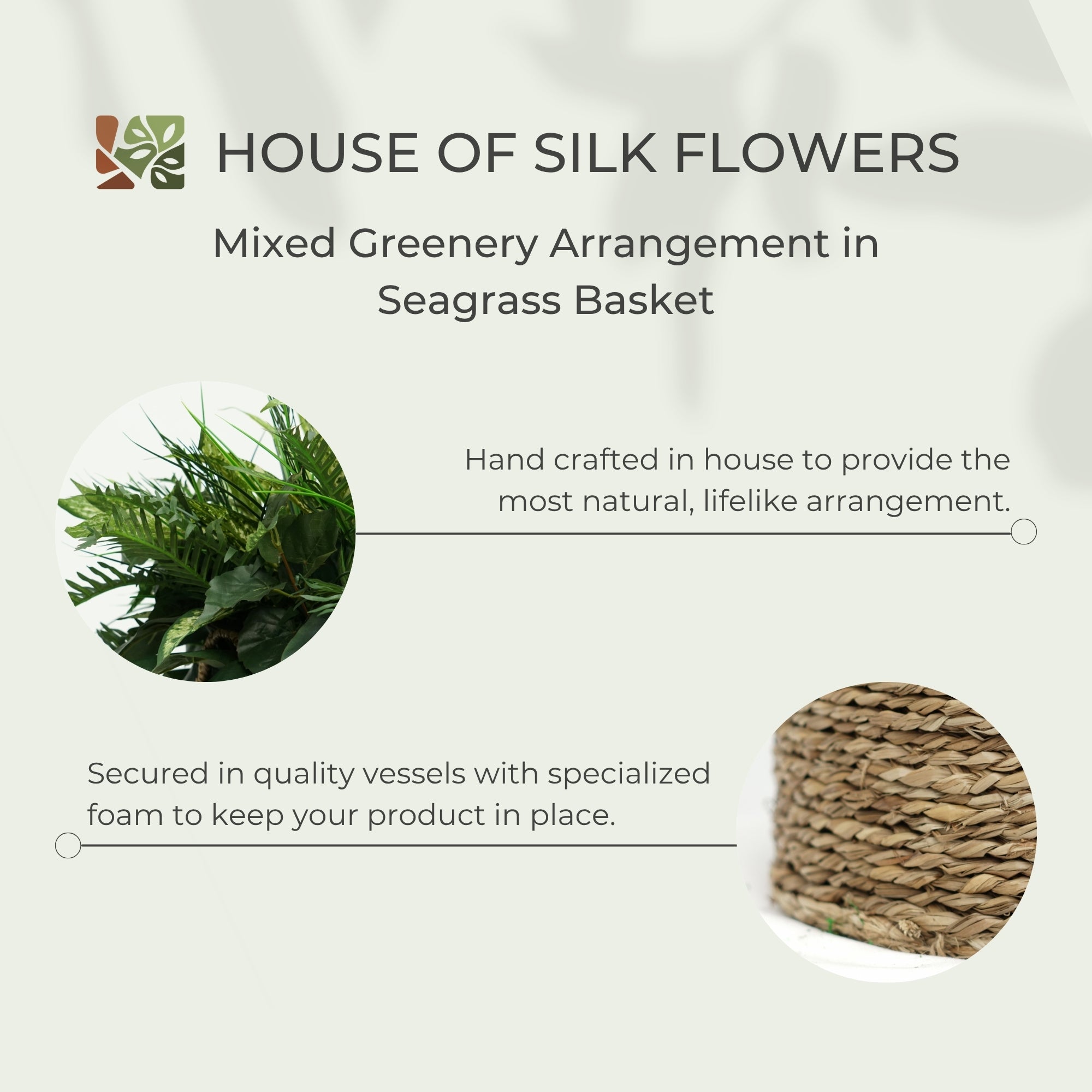 19" Mixed Faux Greenery Arrangement in a Natural Seagrass Bowl Basket