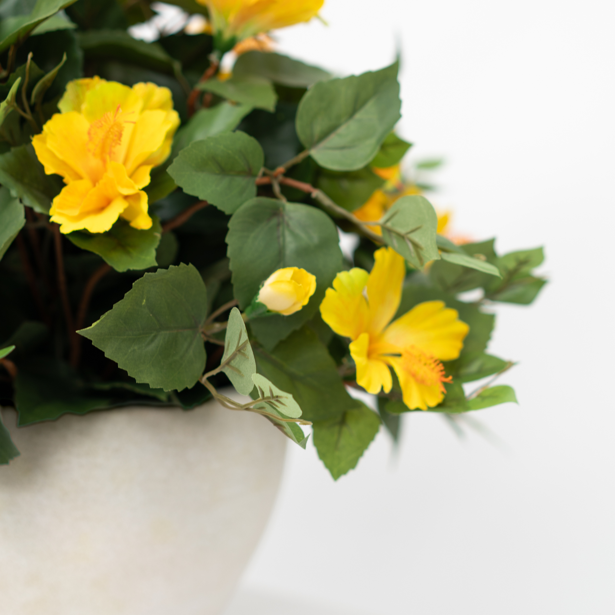 14" Yellow Hibiscus in Stone Wash White Ceramic