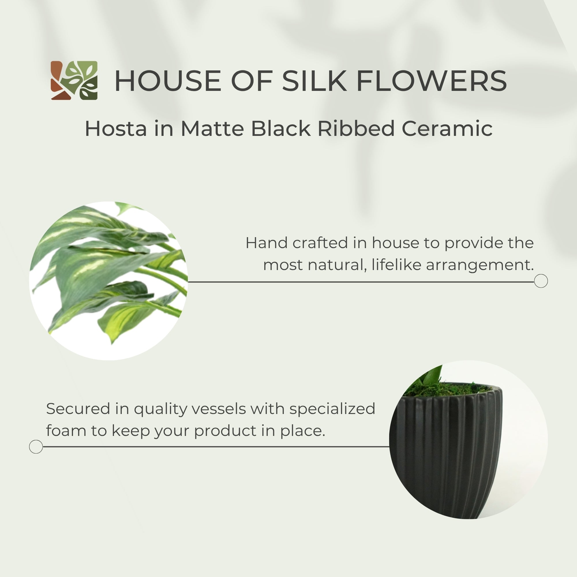 23" Faux Hosta in Matte Black Ribbed Ceramic