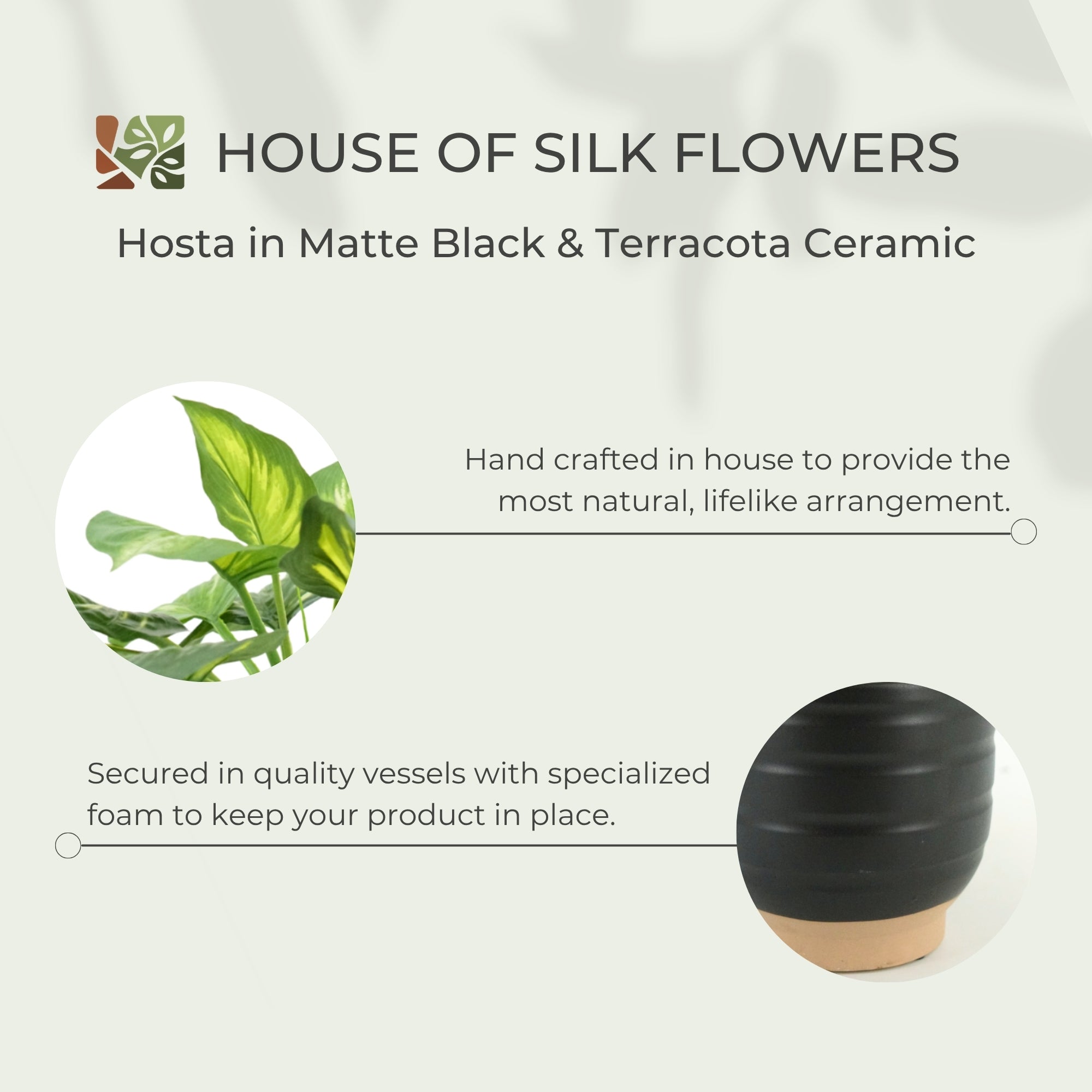 23" Faux Small Hosta in Matte Black and Terracota Ceramic