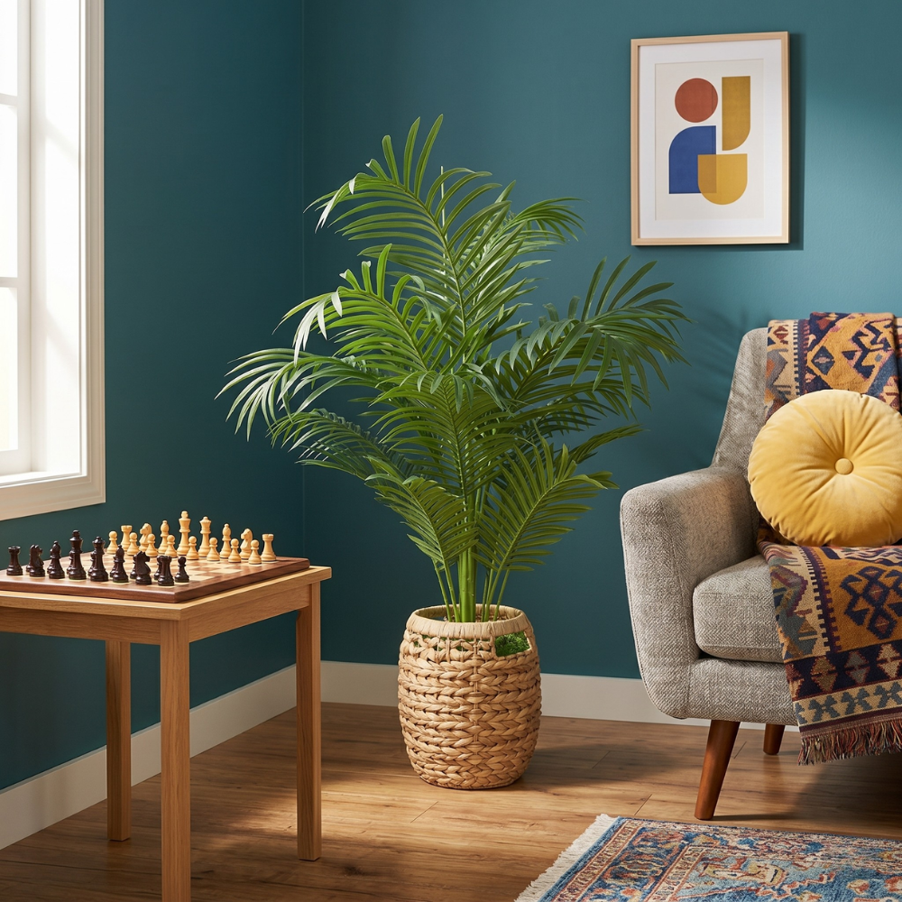 3-1/2 foot Faux Areca Palm in a braided water hyacinth basket with handles, placed in the corner of a vibrant, modern living room, by House of Silk Flowers.