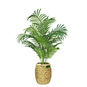 3-1/2 foot Faux Areca Palm in a braided water hyacinth basket with handles, set against a white background, by House of Silk Flowers.