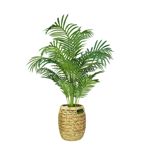 3-1/2 foot Faux Areca Palm in a braided water hyacinth basket with handles, set against a white background, by House of Silk Flowers.
