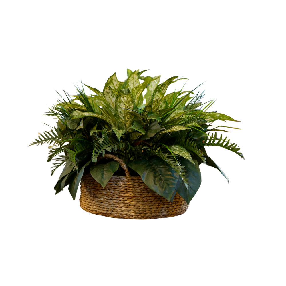 19" Mixed Faux Greenery Arrangement in a Natural Seagrass Bowl Basket