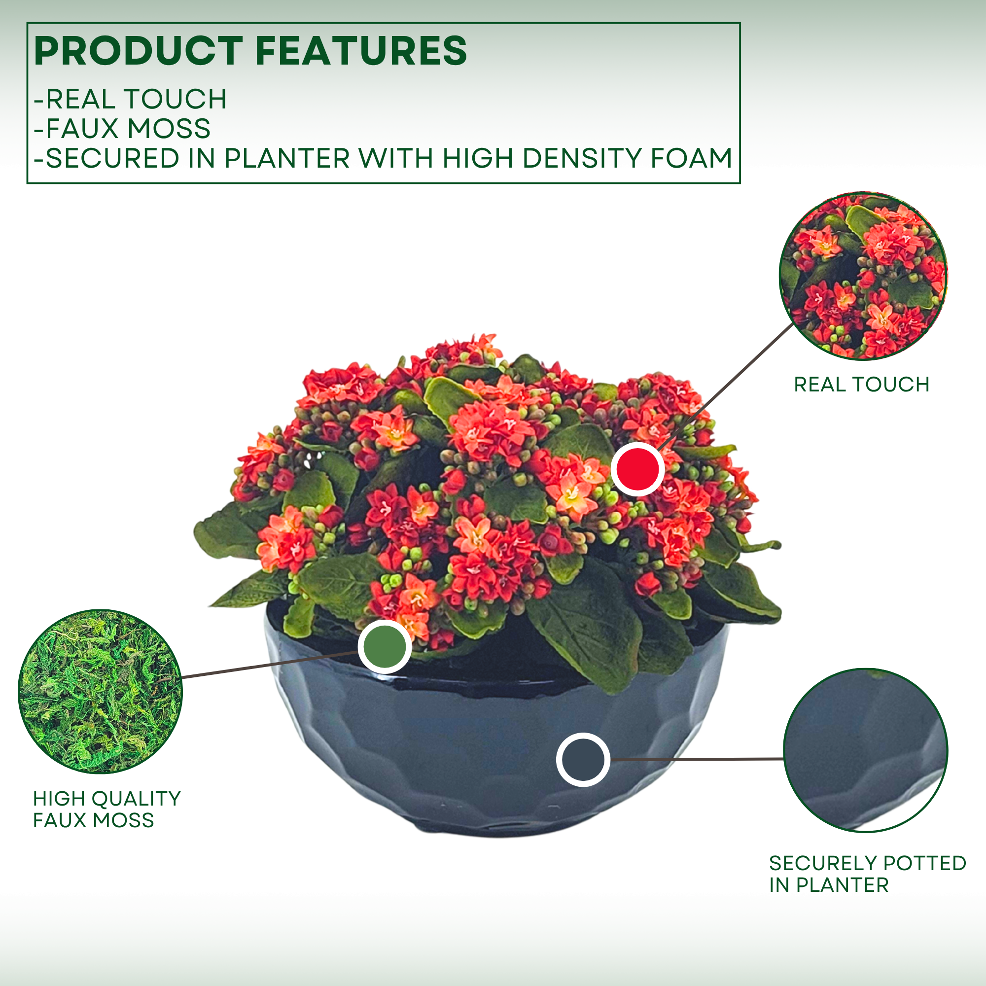 Faux Kalanchoe Arrangement in Glossy Black Dimpled Ceramic Bowl
