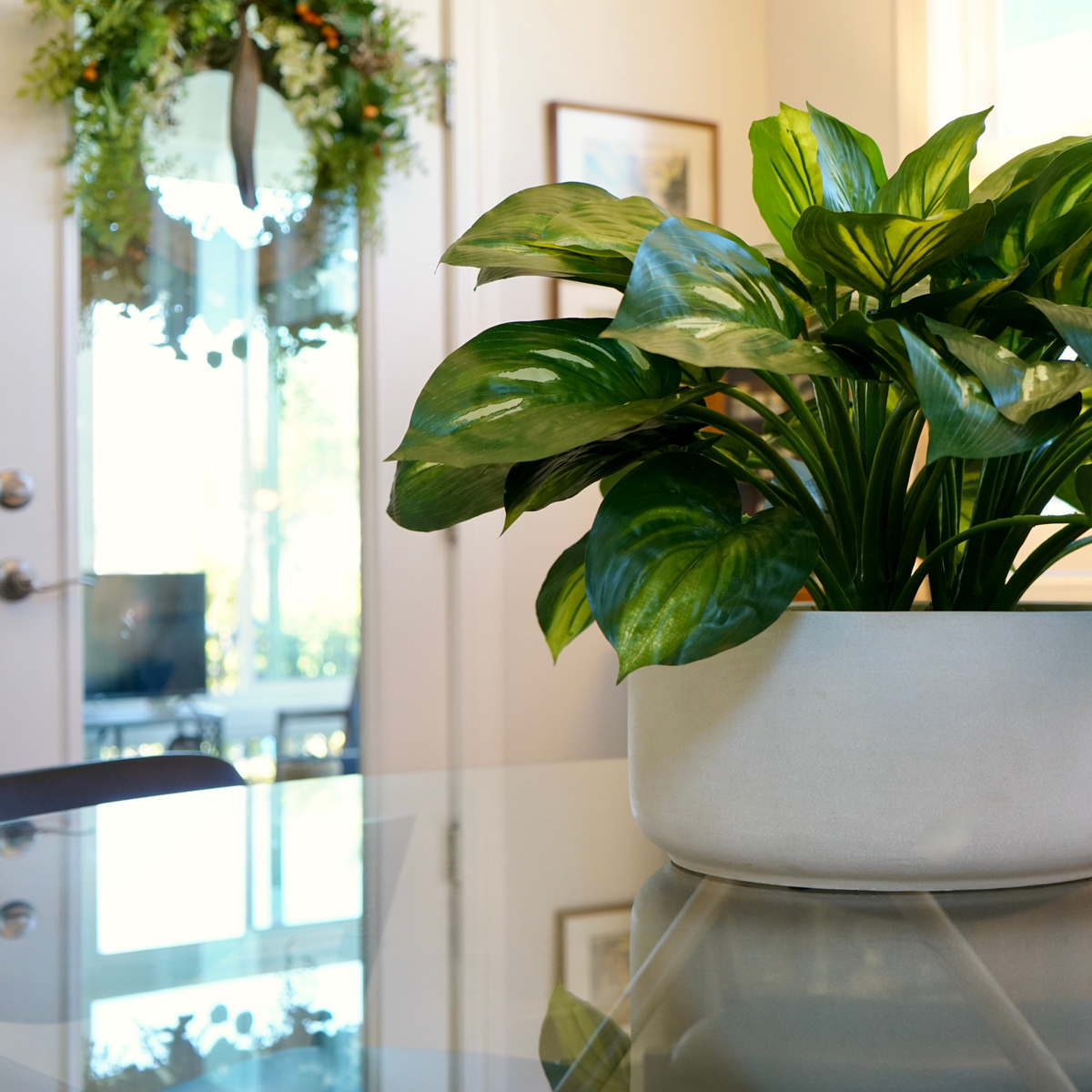 21" Faux Hosta Bush in a Large White Stonewash Ceramic Bowl