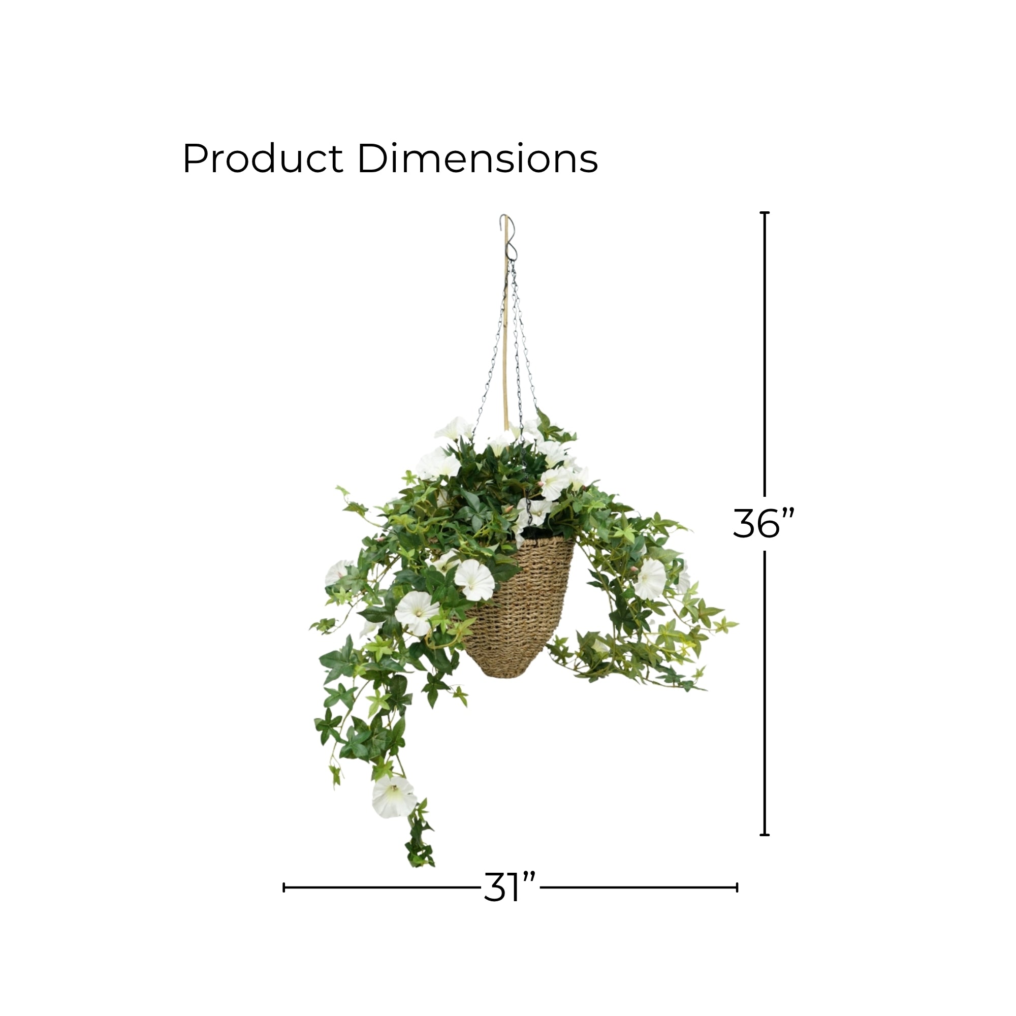 31" Faux Morning Glory White in Seagrass Hanging Basket