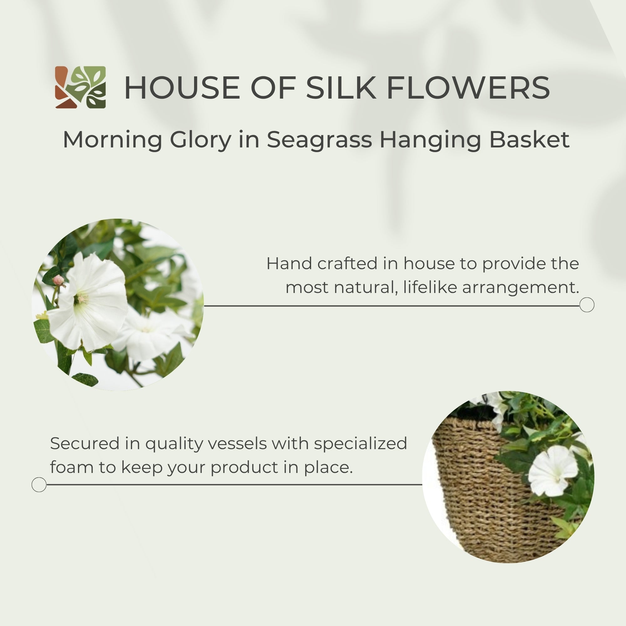 31" Faux Morning Glory White in Seagrass Hanging Basket