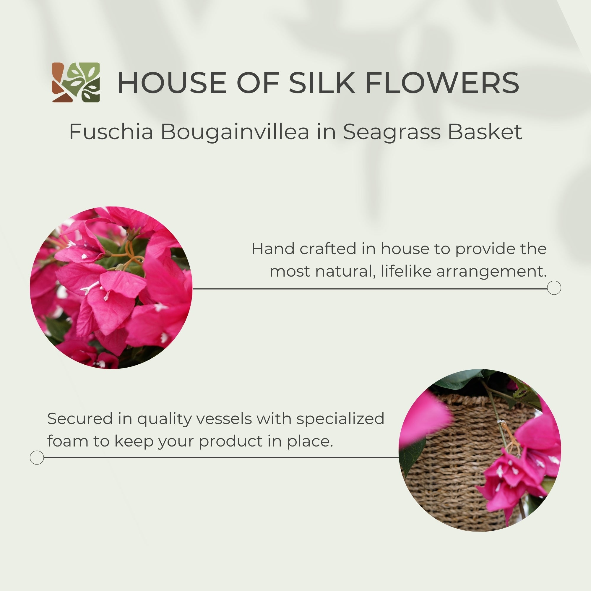 31" Fucshia Faux Bougainvillea in Seagrass Hanging Basket