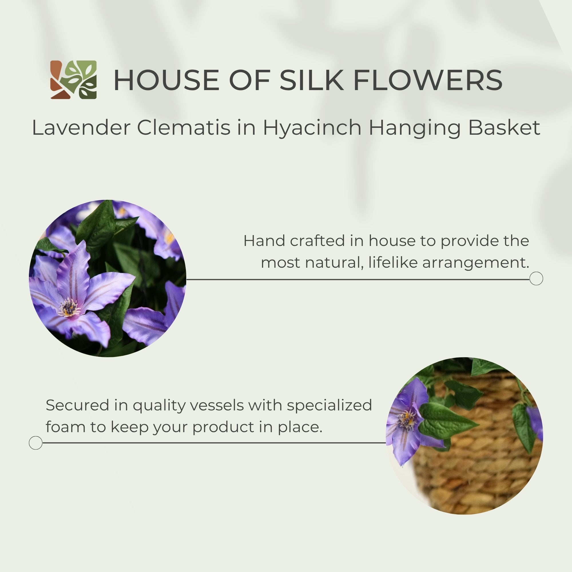 31" Lavender Faux Clematis Arrangement in Natural Hyacinth Hanging Basket