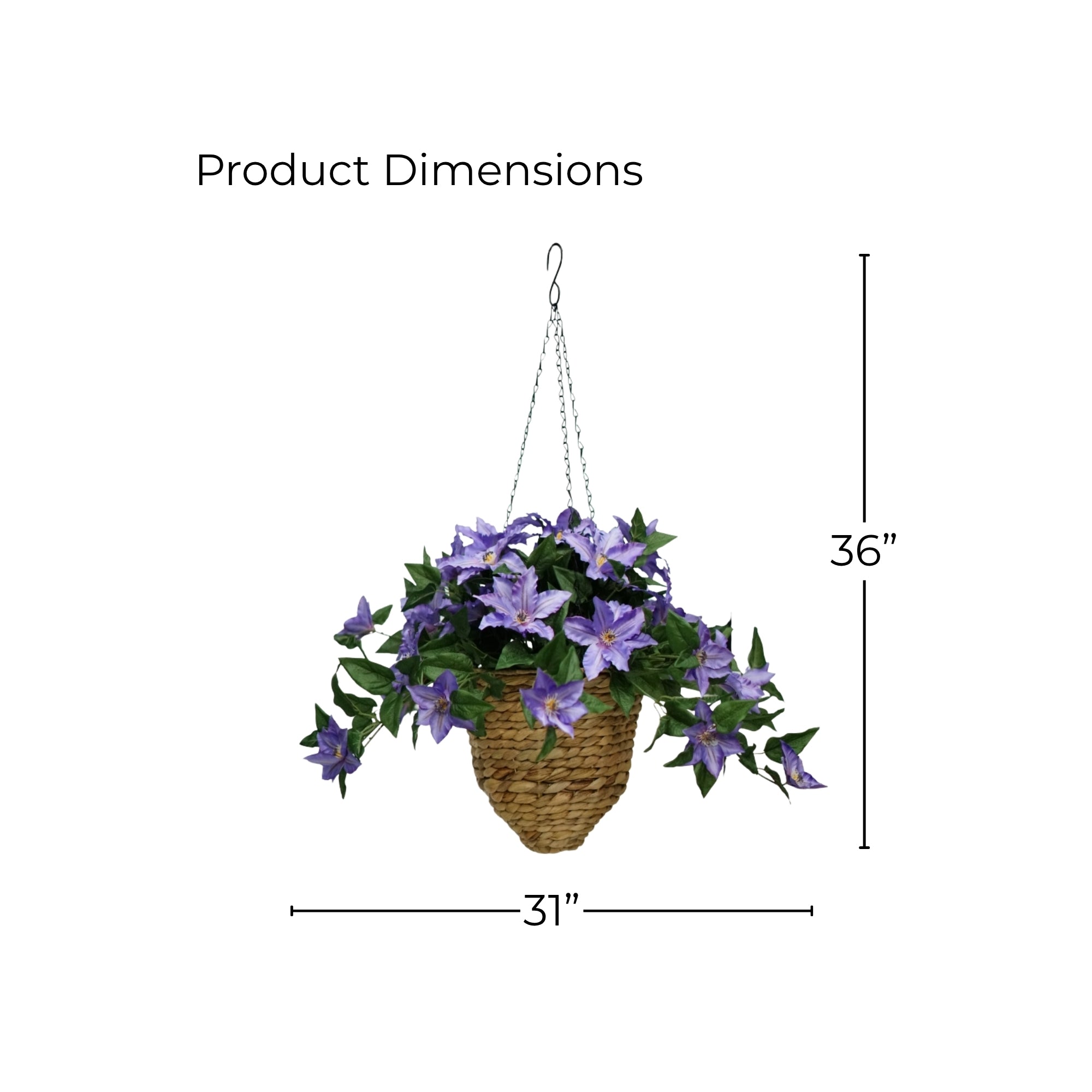 31" Lavender Faux Clematis Arrangement in Natural Hyacinth Hanging Basket