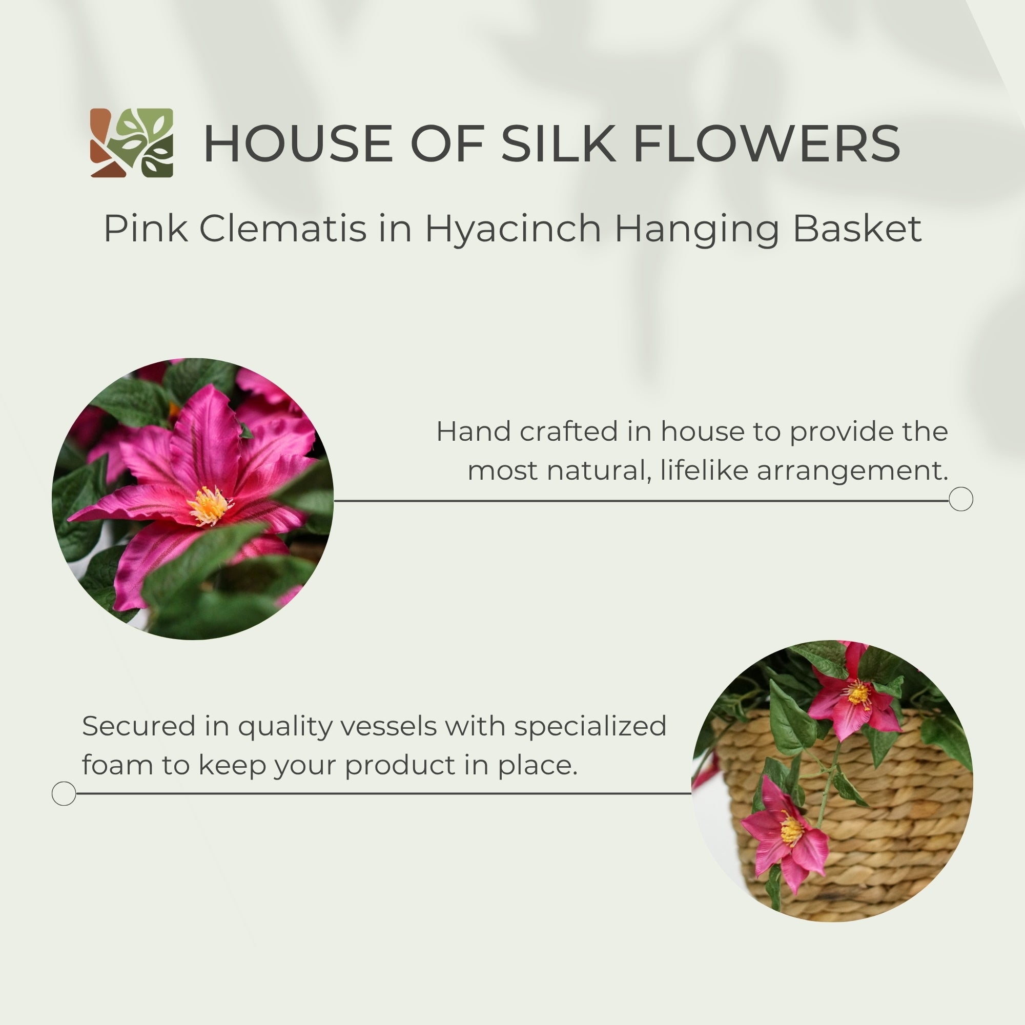 31" Pink Faux Clematis In Natural Hyacinth Hanging Basket