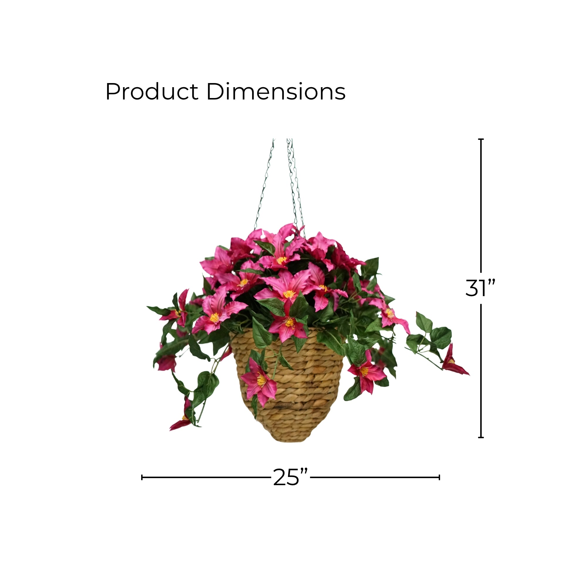 31" Pink Faux Clematis In Natural Hyacinth Hanging Basket