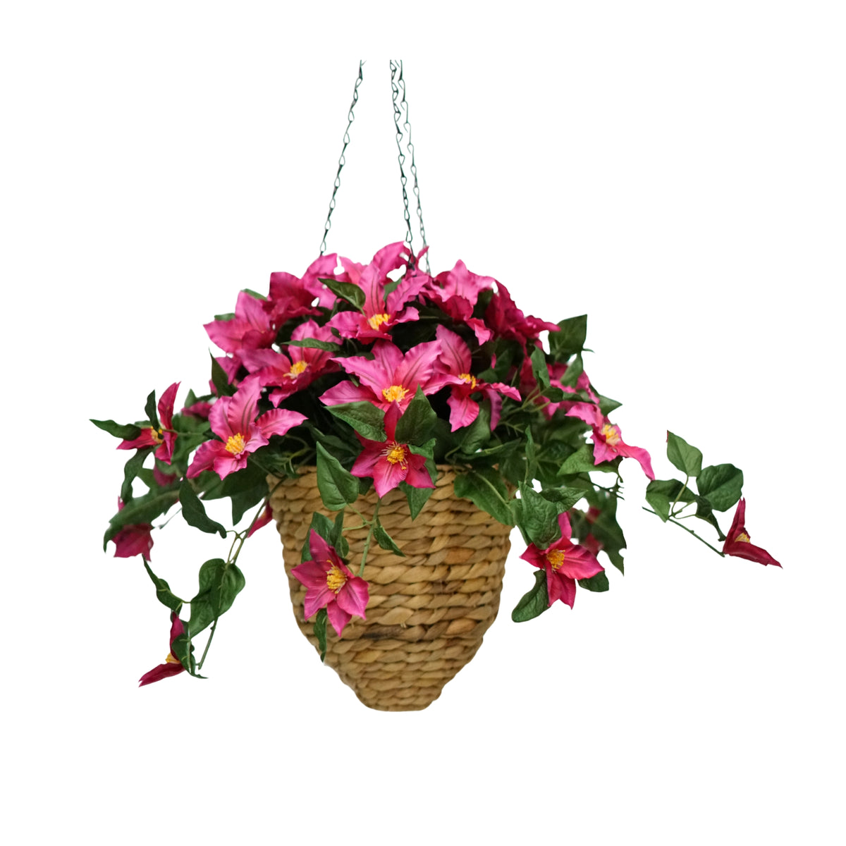 31" Pink Faux Clematis In Natural Hyacinth Hanging Basket