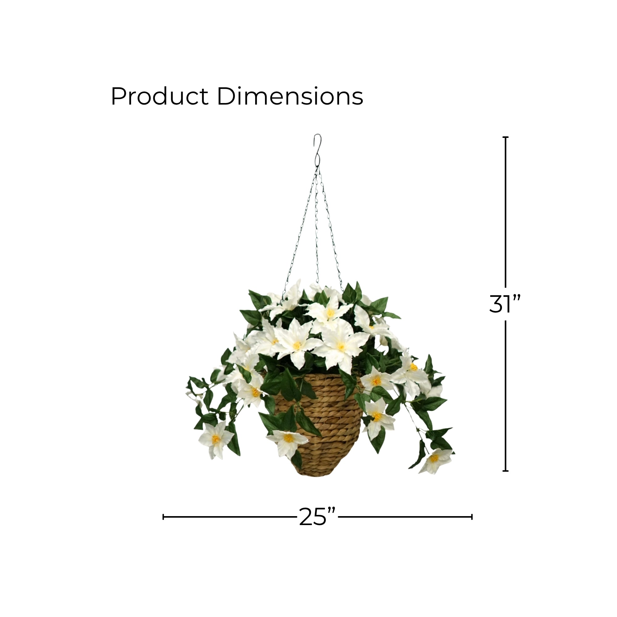 31" White Faux Clematis Arrangement In Natural Hyacinth Hanging Basket