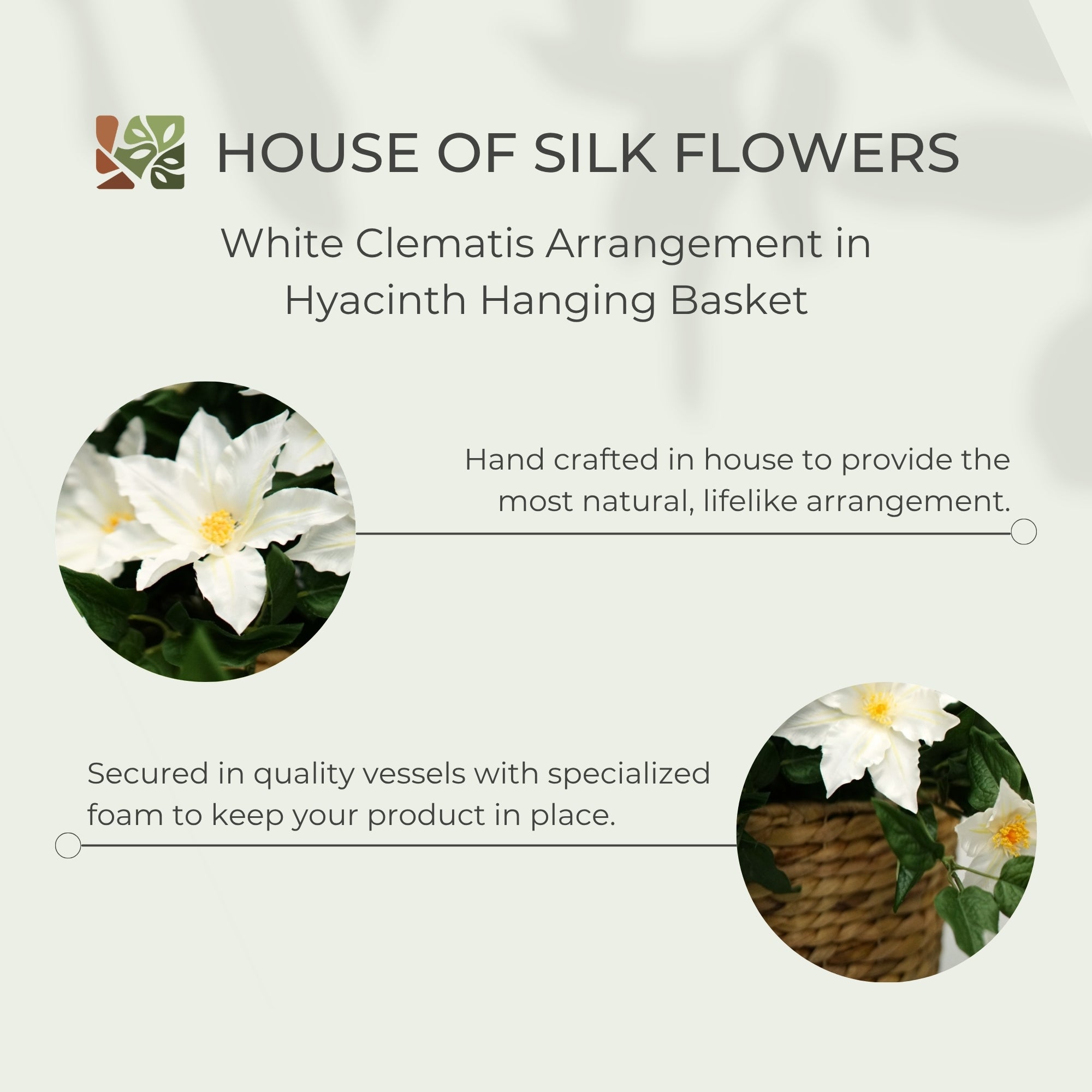 31" White Faux Clematis Arrangement In Natural Hyacinth Hanging Basket