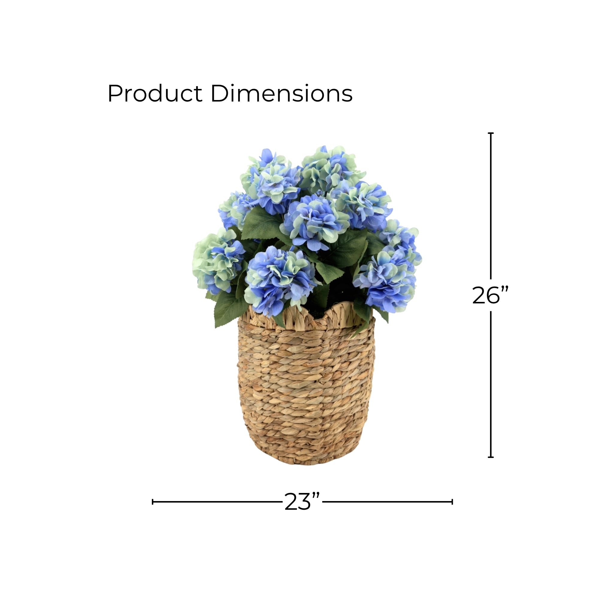 32" Faux Blue Hydrangea Bush in Natural Hyacinth Scalloped Basket