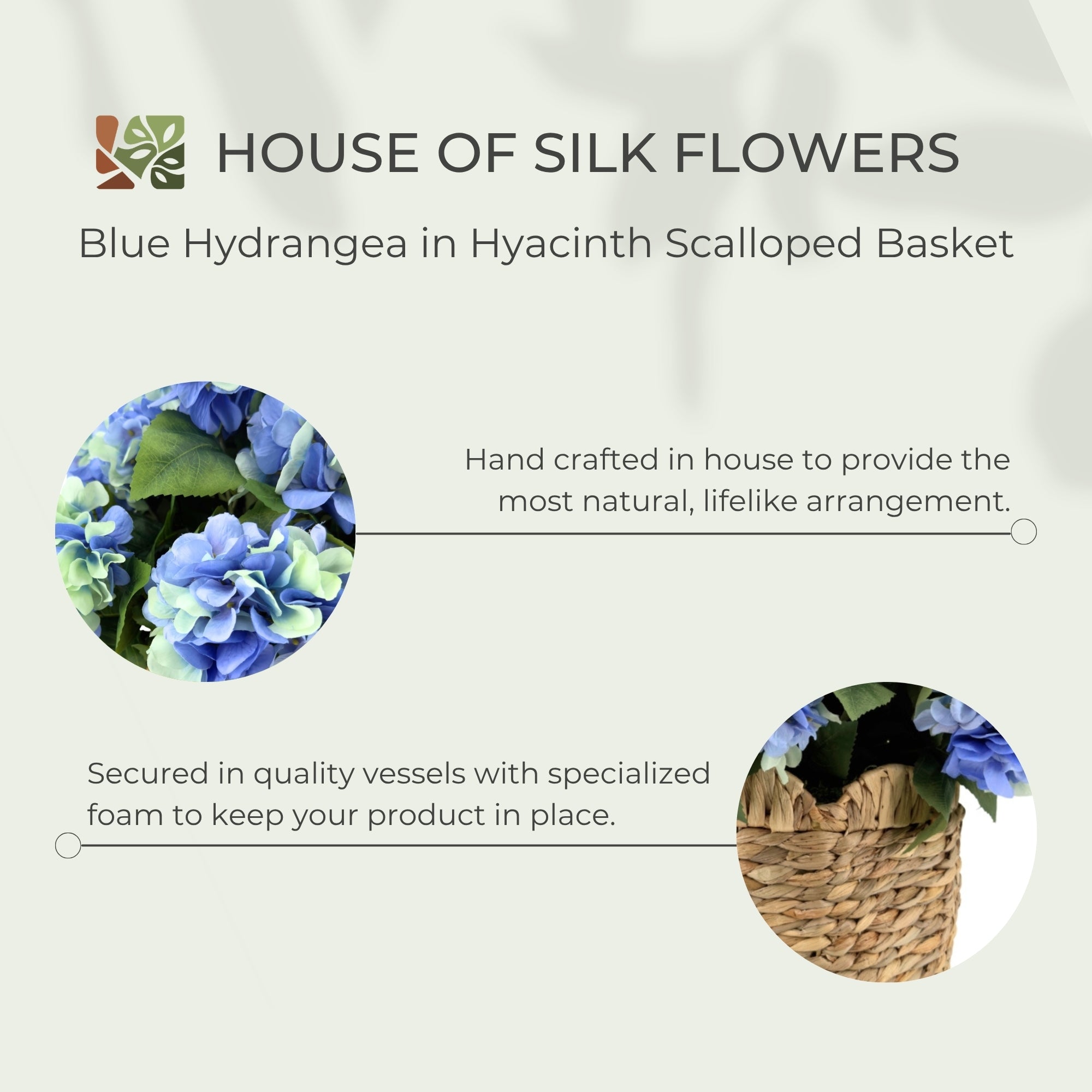 32" Faux Blue Hydrangea Bush in Natural Hyacinth Scalloped Basket