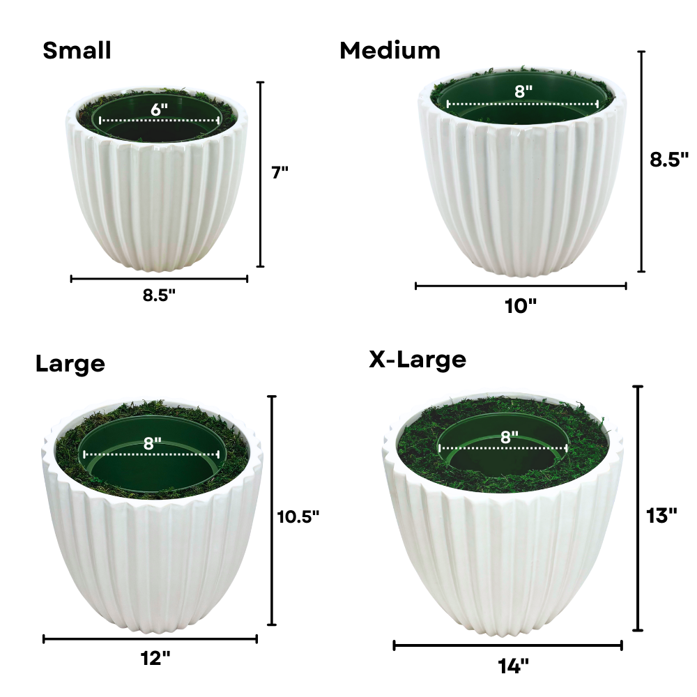 4-pane image of each ceramic container by size, with dimensions