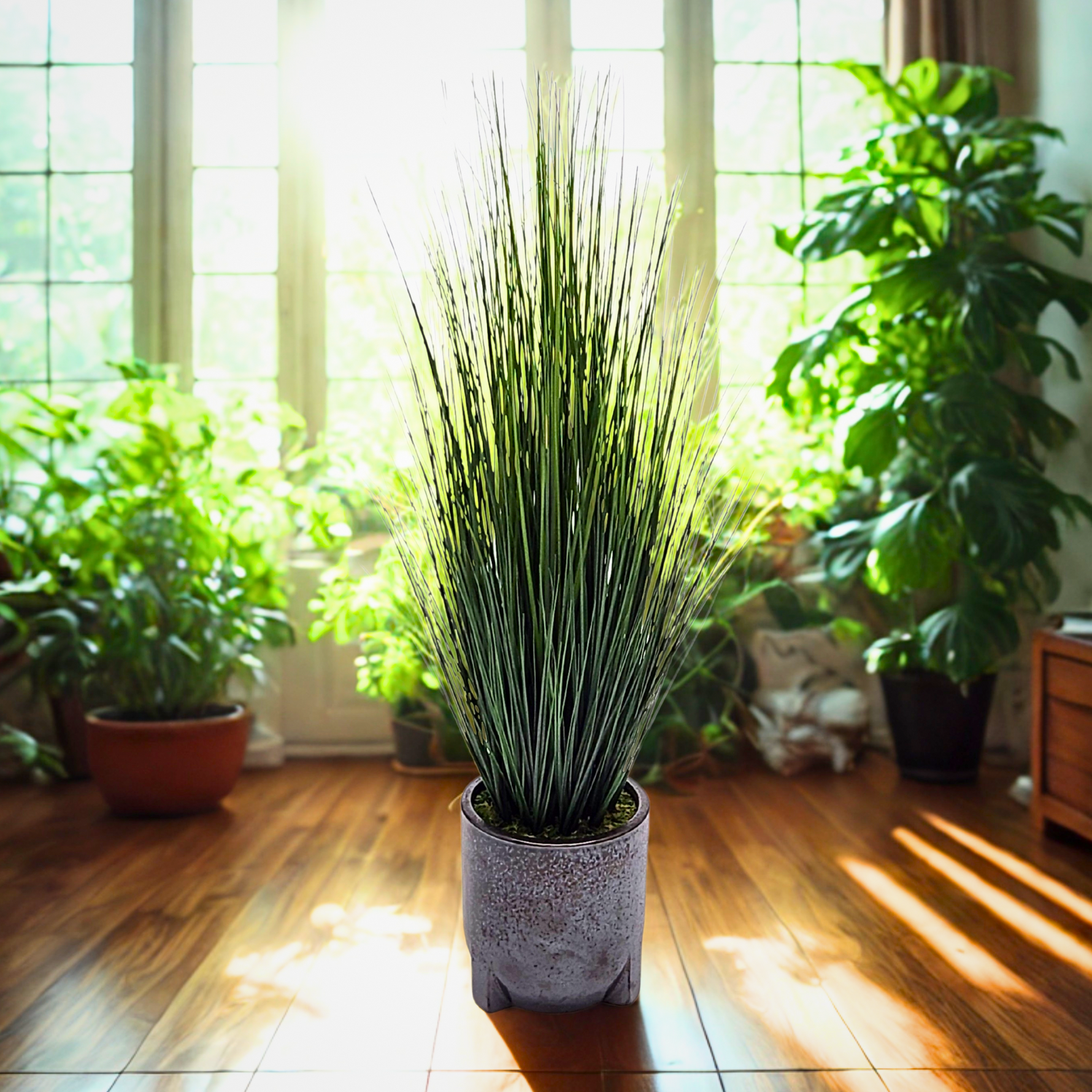 Artificial 48" Grass in Medium Black Tripod Ceramic in Home Environment