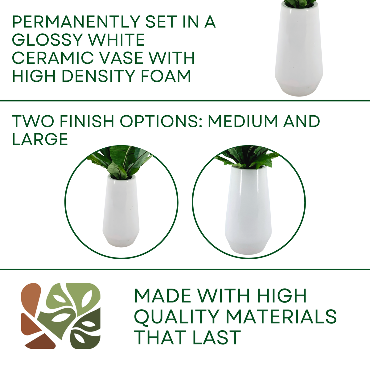 Birds nest fern in glossy white ceramic vase against a white background, featuring product options, by House of Silk Flowers.