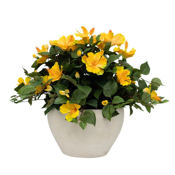 14" Yellow Hibiscus in Stone Wash White Ceramic