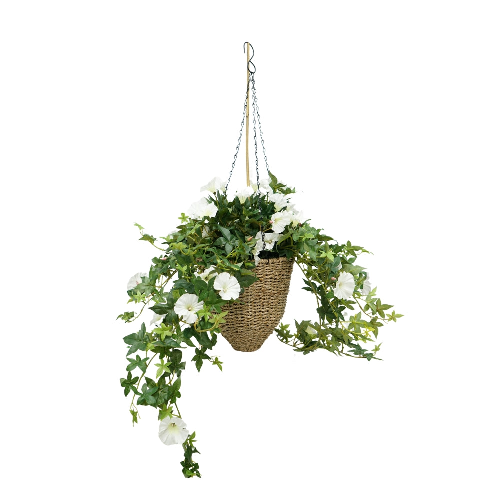 31" Faux Morning Glory White in Seagrass Hanging Basket