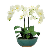Faux White Orchid Flower Arrangement in a Glossy Teal Ceramic Boat, against a white background, by House of Silk Flowers.