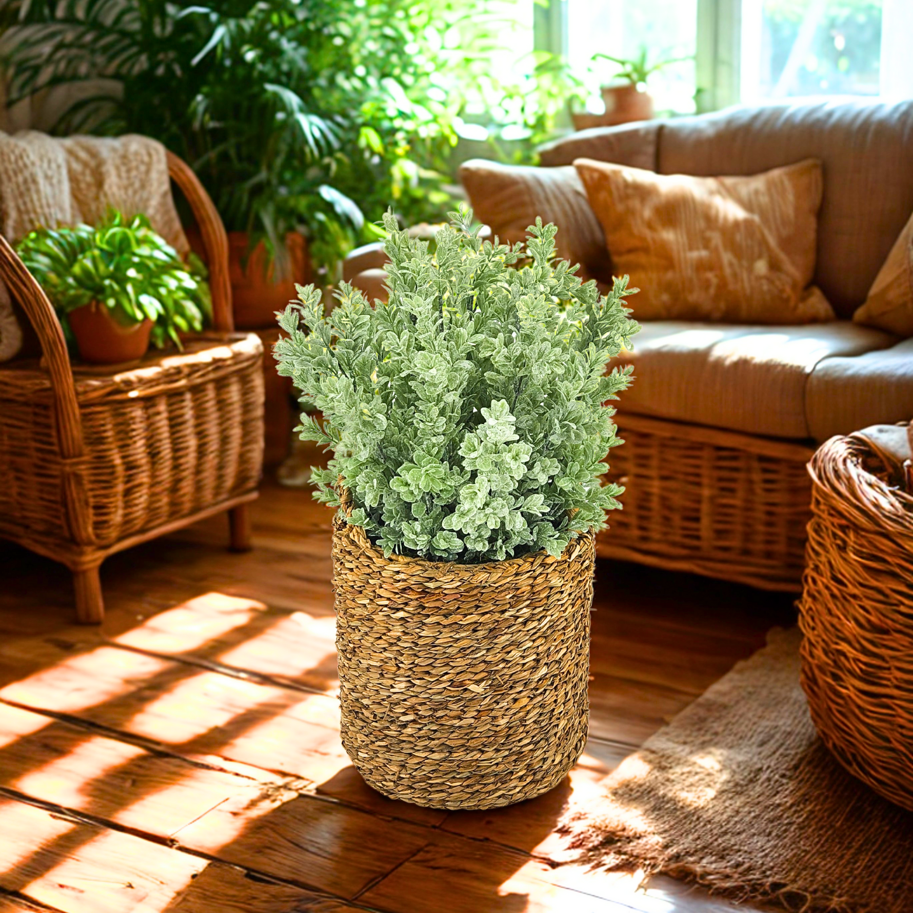Artificial 20" Eucalyptus in Small Woven Basket In Home Environment