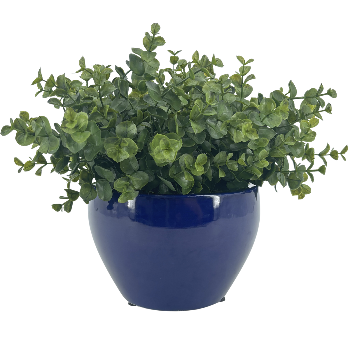 Silo image of Faux Eucalyptus in Glossy Navy Ceramic Cache Pot, by House of Silk Flowers