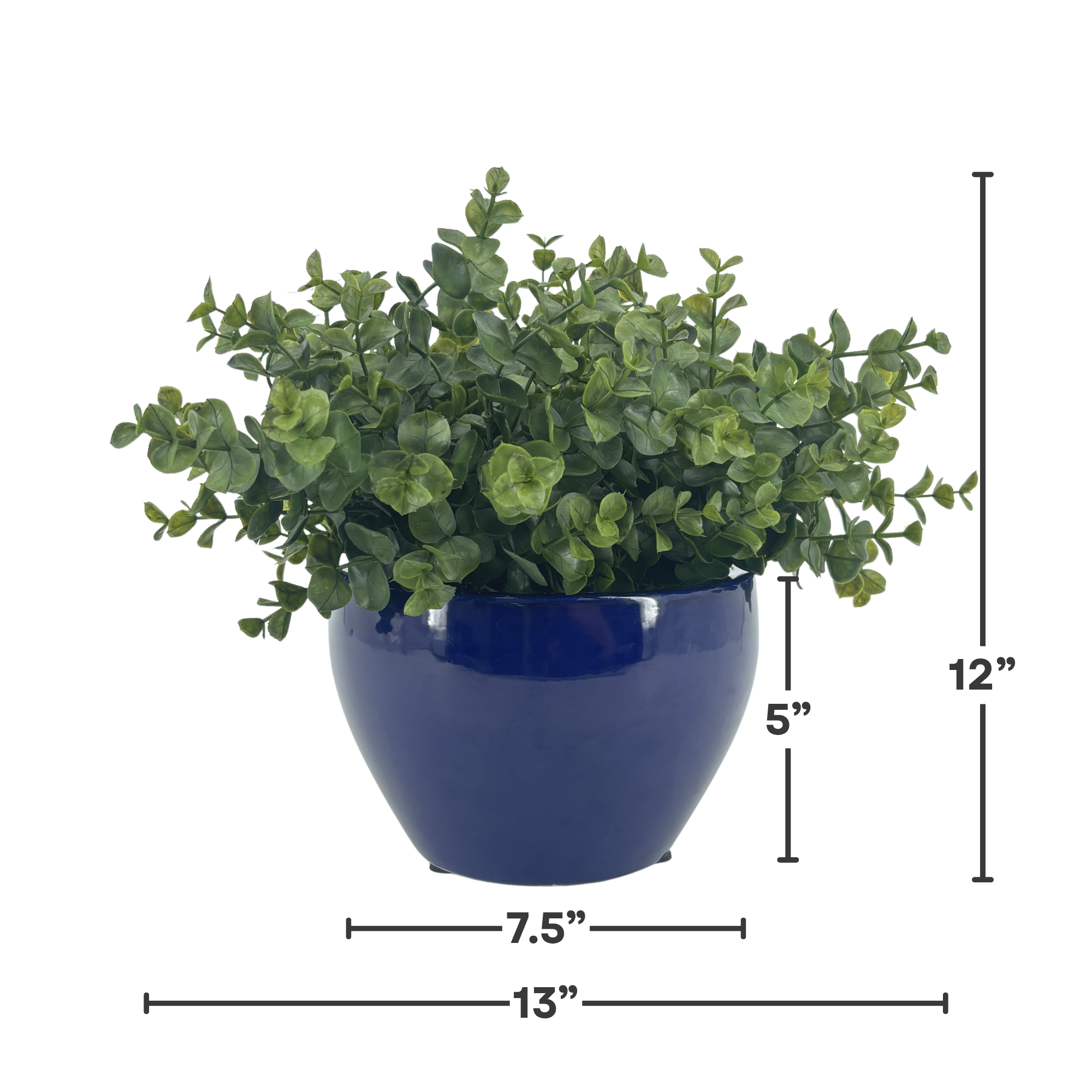 Silo image of Faux Eucalyptus in Glossy Navy Ceramic Cache Pot, featuring product dimensions, by House of Silk Flowers