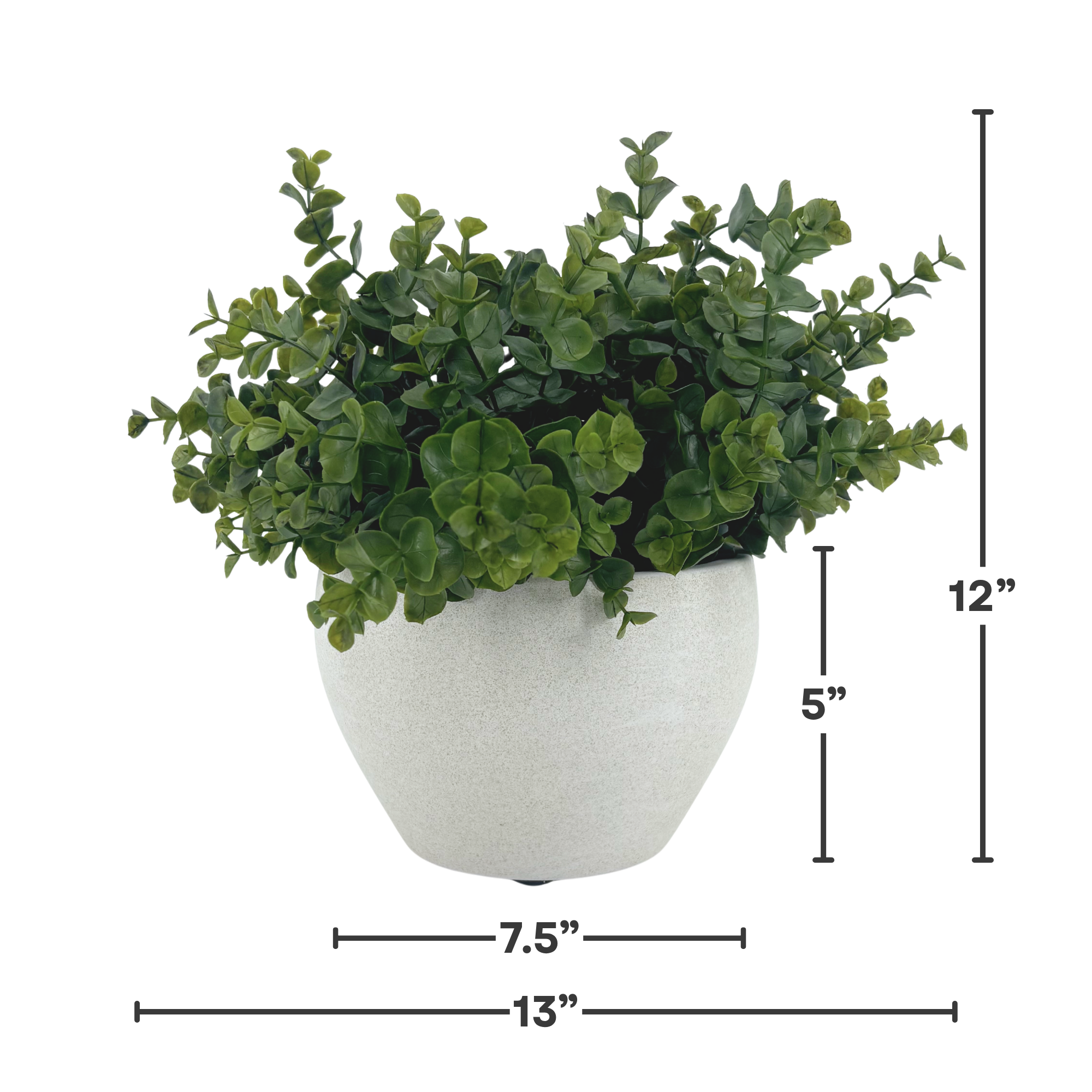 Silo image of Faux Eucalyptus in Stone White Ceramic Cache Pot, featuring product dimensions, by House of Silk Flowers
