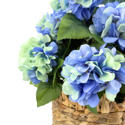 Close-up of a Faux Blue Hydrangea Bush to show color and texture, against a white background, by House of Silk Flowers.