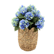 Faux Blue Hydrangea Flower Arrangement in a Scalloped Hyacinth Basket against a white background, by House of Silk Flowers.