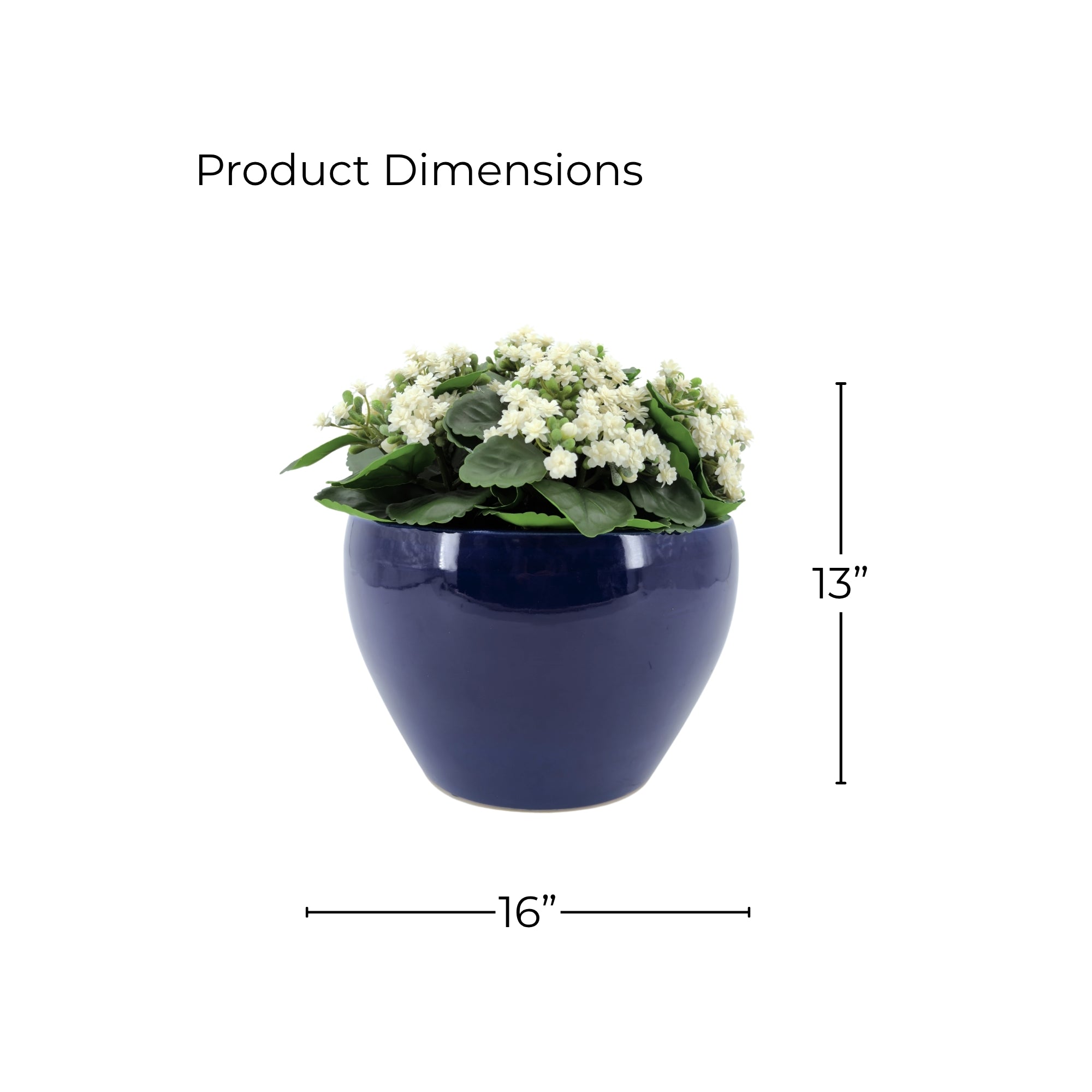 13" Faux White Kalanchoe in Glossy Navy Ceramic
