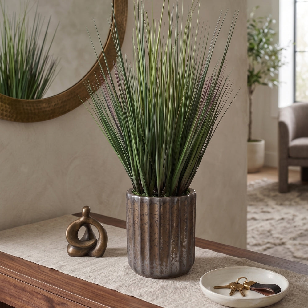 30" Grass in Glazed Black Ribbed Ceramic