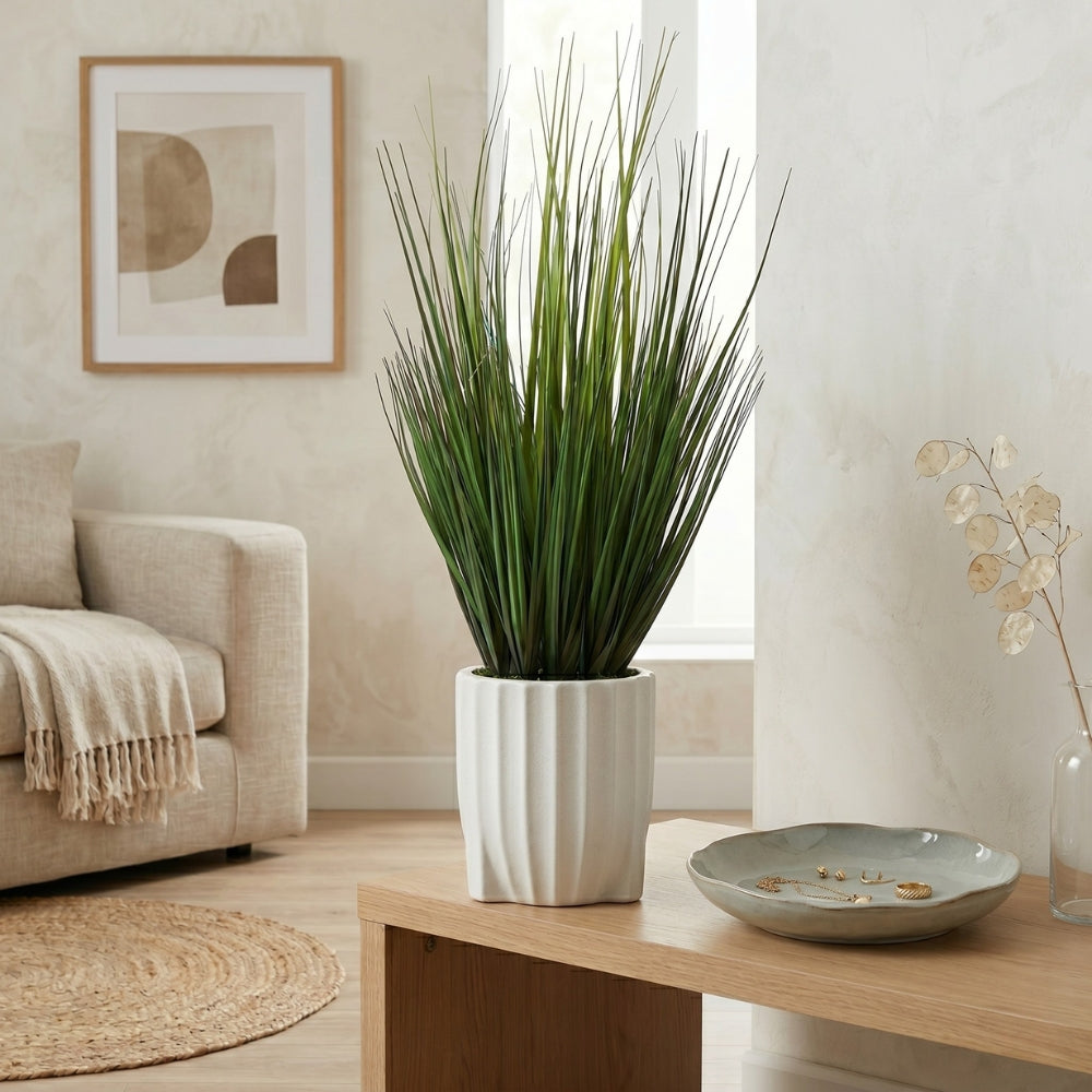 30" Grass in Stone Wash White Ribbed Tripod Ceramic