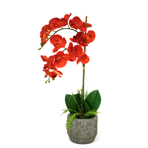 Faux Orange Orchid Flower Arrangement in a Textured Stone Gray Cement Ceramic, against a white background, by House of Silk Flowers.